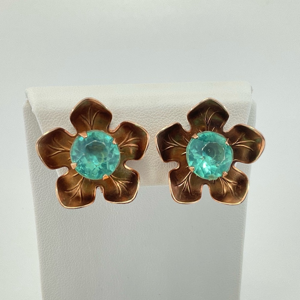 Vtg Copper Floral Earrings with Aqua Blue Rhinestones, MCM, Screw Backs - Picture 3 of 9
